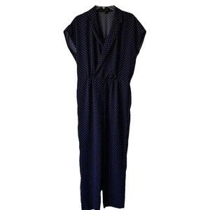 J Crew Pindot Lapel Jumpsuit Women's Size 8 Navy Blue Polka Dot Romper V-neck